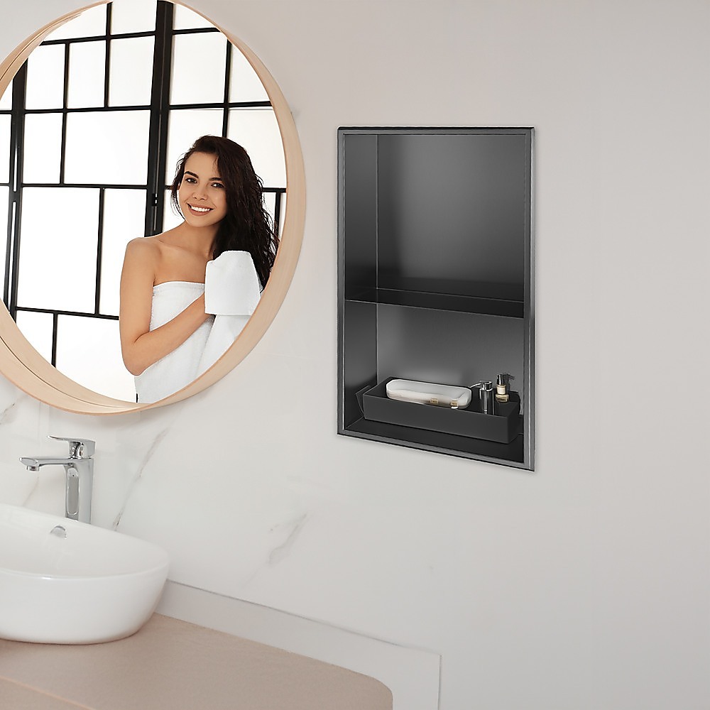 Shower Niche Double Shelf Organizer No Tile Needed in Black 641 x 336 x 101mm — image 5