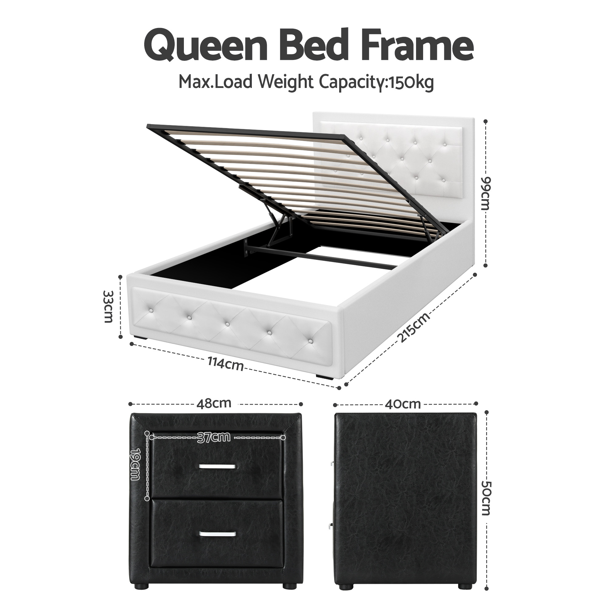 Artiss King Single Bed Frame Storage White Leather Gas Lift Bed Black Bedside Table Set โ image 2