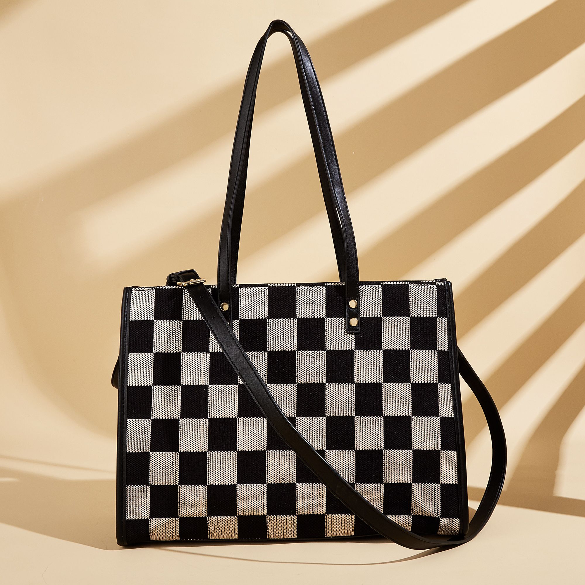Stylish Black Khaki Checkerboard Tote Bag Large Capacity Women’s Shoulder Handbag for Work & Daily Use — image 4