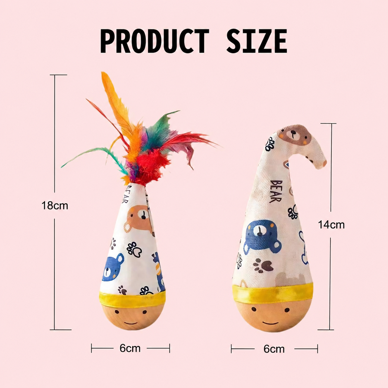 Self-Righting Pet Toy with Natural Wood Base and Durable Fabric Top, Featuring Feather Options and Playful Smile Design — image 2