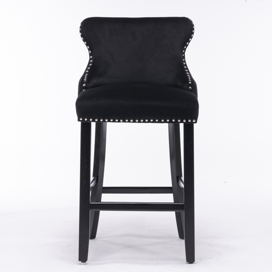 2x Velvet Upholstered Button Tufted Bar Stools with Wood Legs and Studs-Black โ image 3