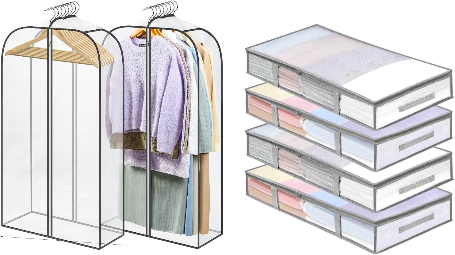 4 Packs Under Bed Storage Containers Bins-55L, 2 Pack Clear Garment Bags-40'' Long