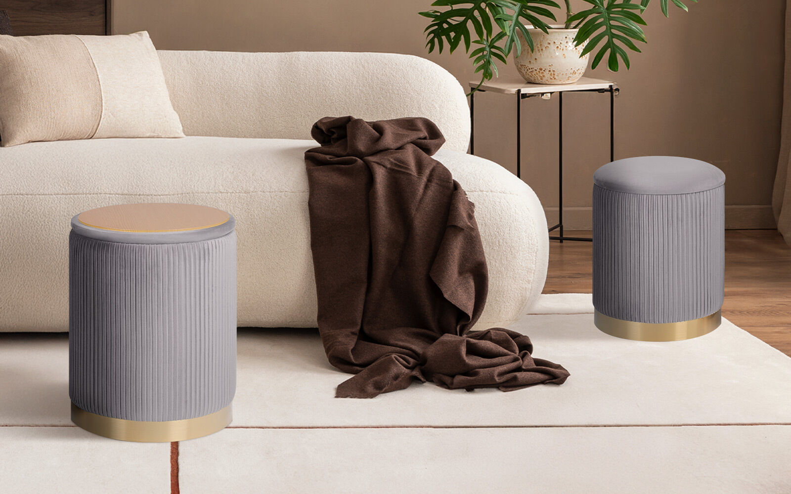2X Side Table Storage Ottoman - Velvet Stool MIRA Grey โ image 2