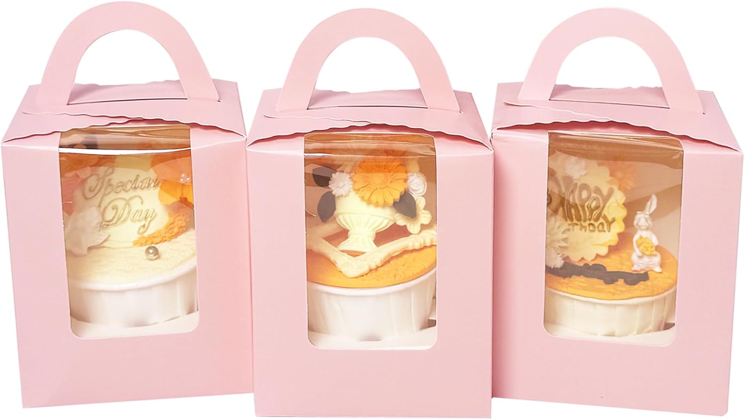Auto-pop up Individual Cupcake Boxes with Window 25 Count Pink Single Cupcakes Box 3.7 x 4.3inch Cupcake Carrier