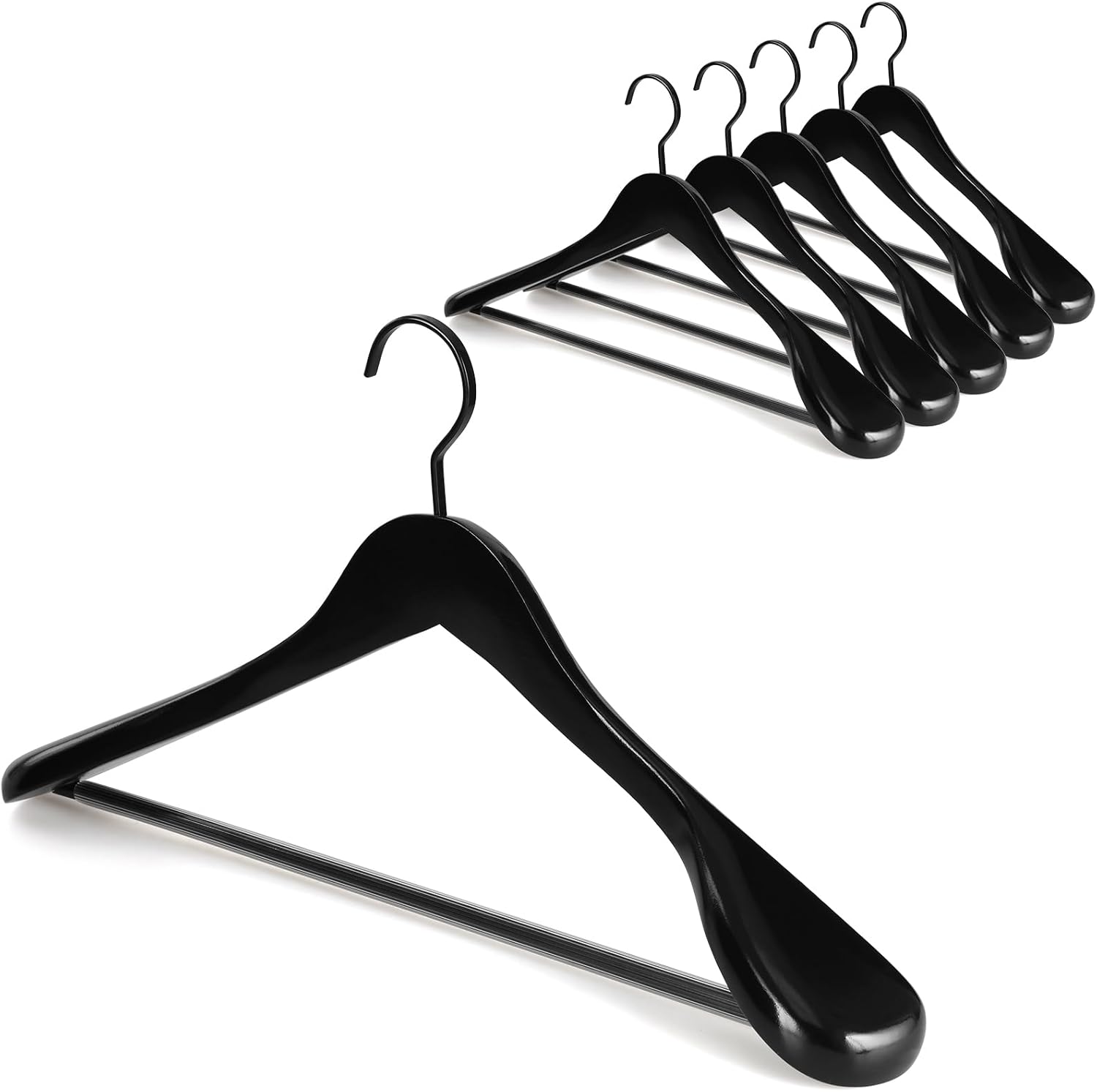 TOPIA HANGER Black Wooden Coat Hanger 6 Pack, Wide Shoulder Wood Suit Hangers with Extra-Thick Flat Hooks & Anti-Slip Pants Bar, Heavy Duty Clothes