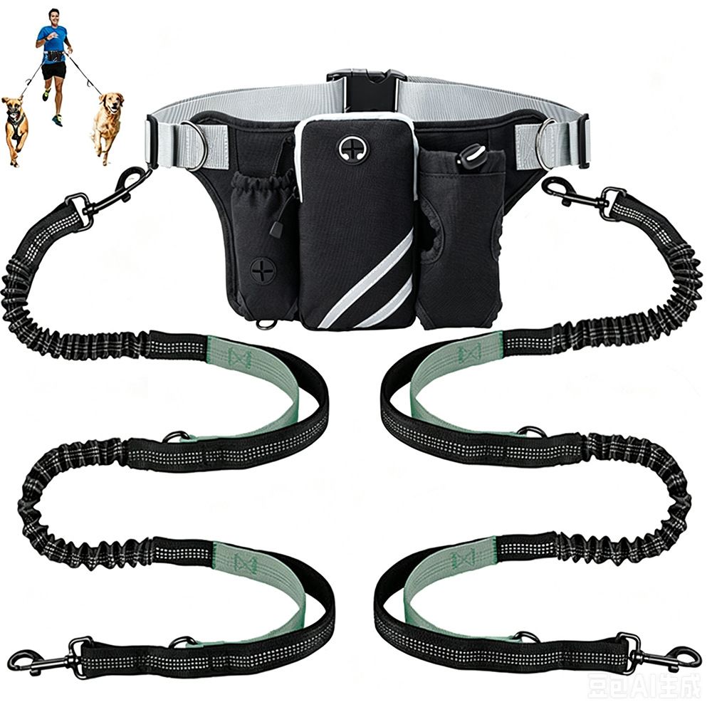 Hands Free Dog Leash Running Belt with Adjustable Bungee Lead(Gray), Multi Pocket Outdoor Waist Bag and Free Roll of 15 Poop Bags for Walking, Jogging and β image 2