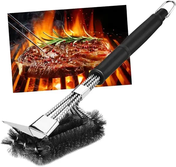 Grill Cleaning Brush with Scraper, Stainless Steel Bristle BBQ Cleaner for Gas and Charcoal Grills, Black, 46 cm