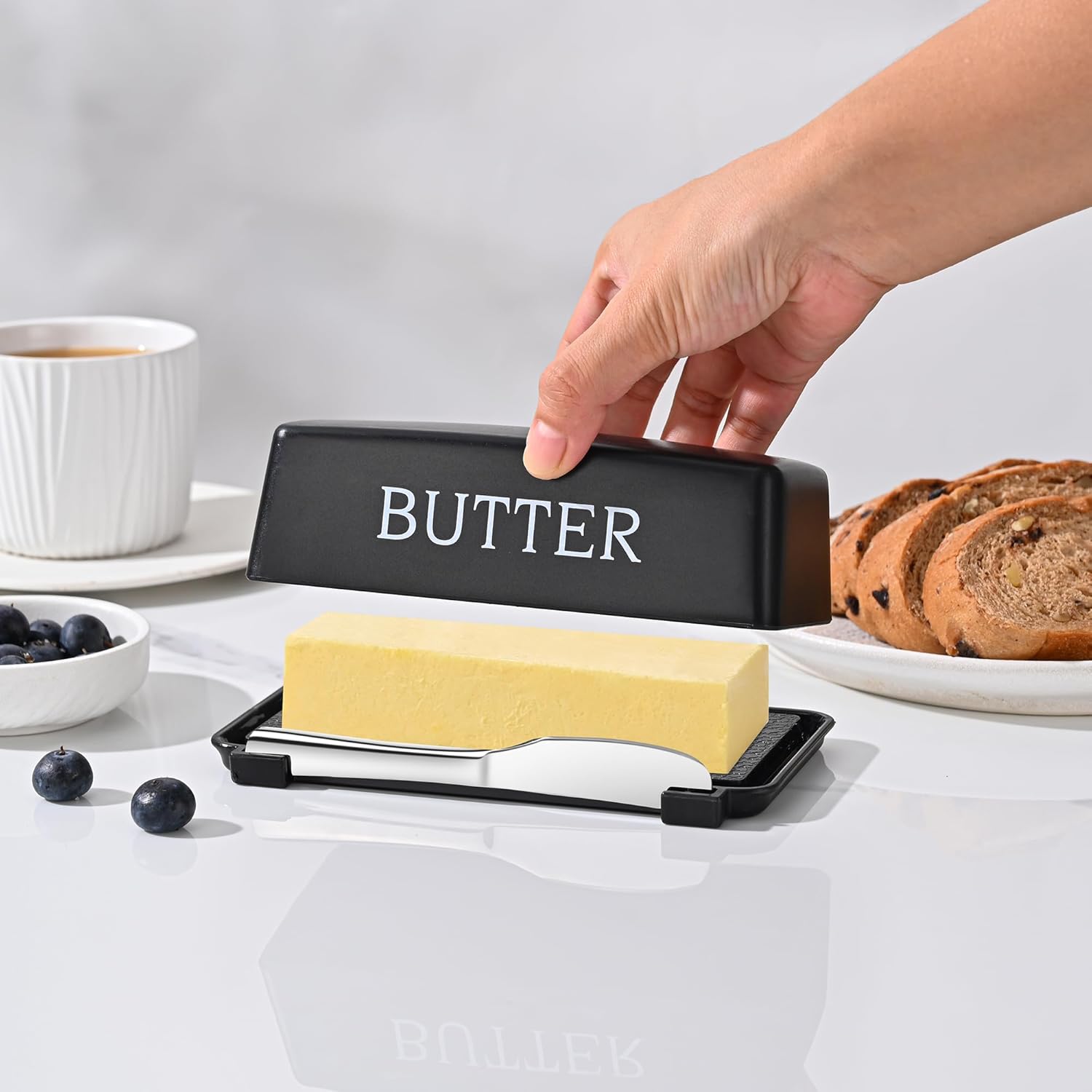 Butter Dish With Cover And Knife,Food Grade Plastic Butter Holder With Lid For Countertop,Black Dishwasher Safe Butter Storage Container — image 4