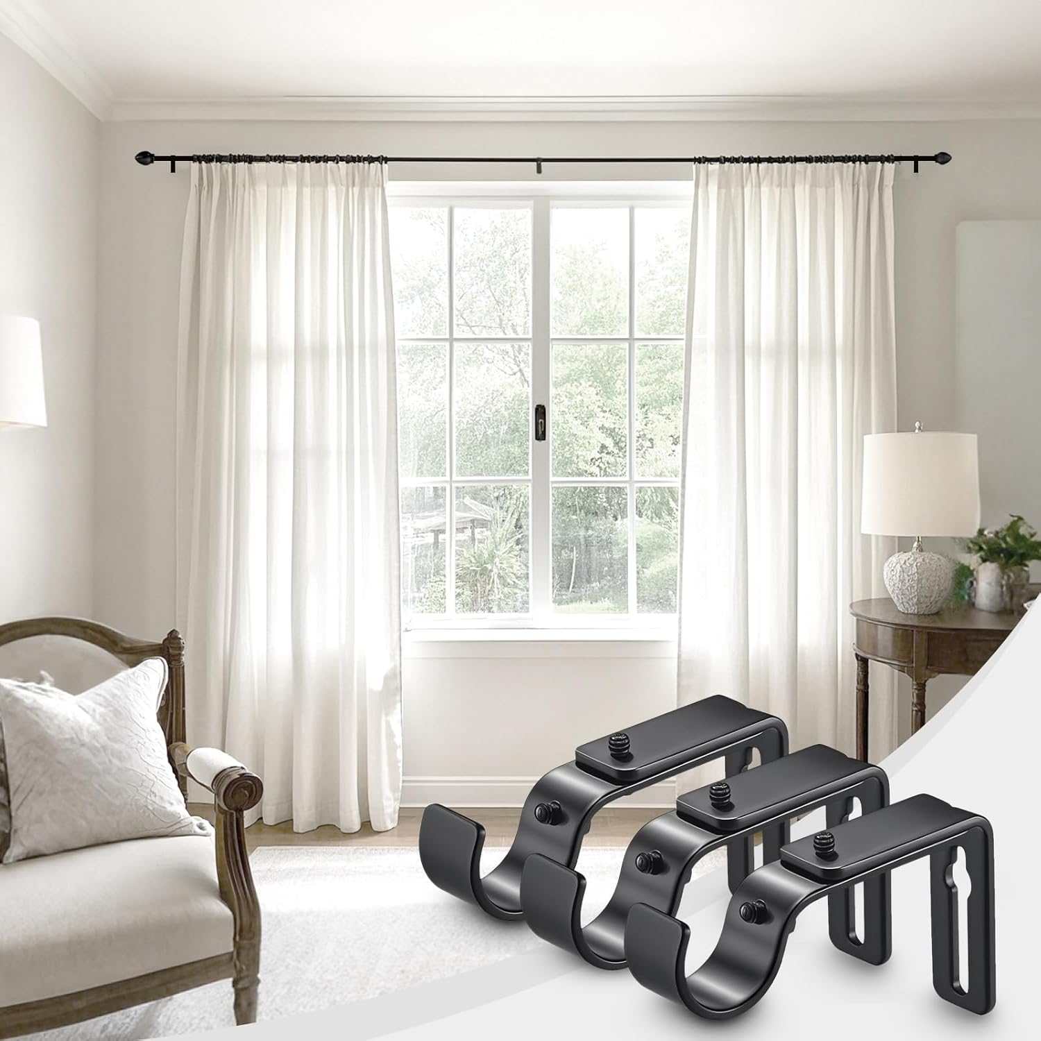 Curtain Rod Bracket Adjustable, Drapery Rod Holder Hooks Support Hangers for 1 inch Diameter Window Curtain Rods (Black, 3-Pack) โ image 5