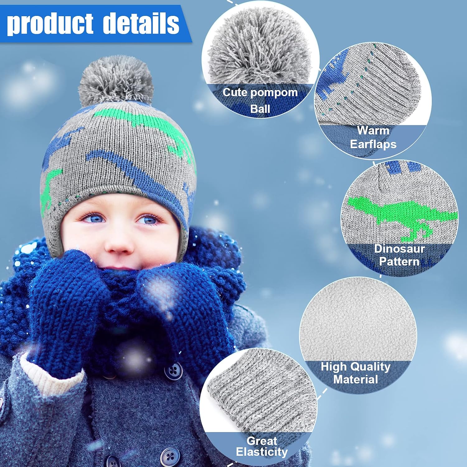 4 PCS Baby Boy Toddler Dinosaur Hat and Glove Set Boys Winter Hat Beanie Kids Gloves Winter Earflap Beanie Fleece Skiing Caps with Warm Ear Flap (Grey, Navy โ image 3