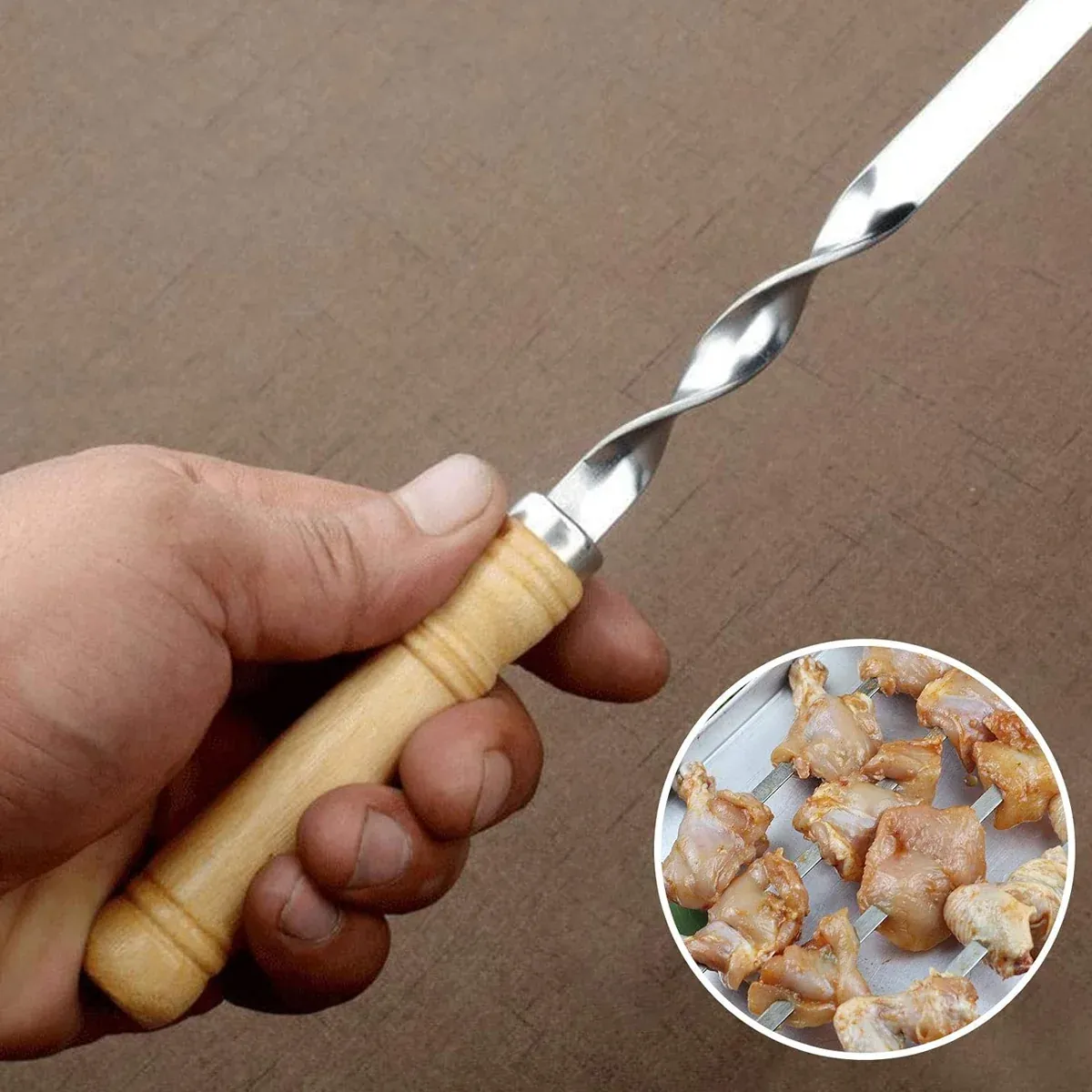 BBQ Skewers 12PCS Flat Stainless Steel 55cm Wooden Handle Grill Meat Veg โ image 4