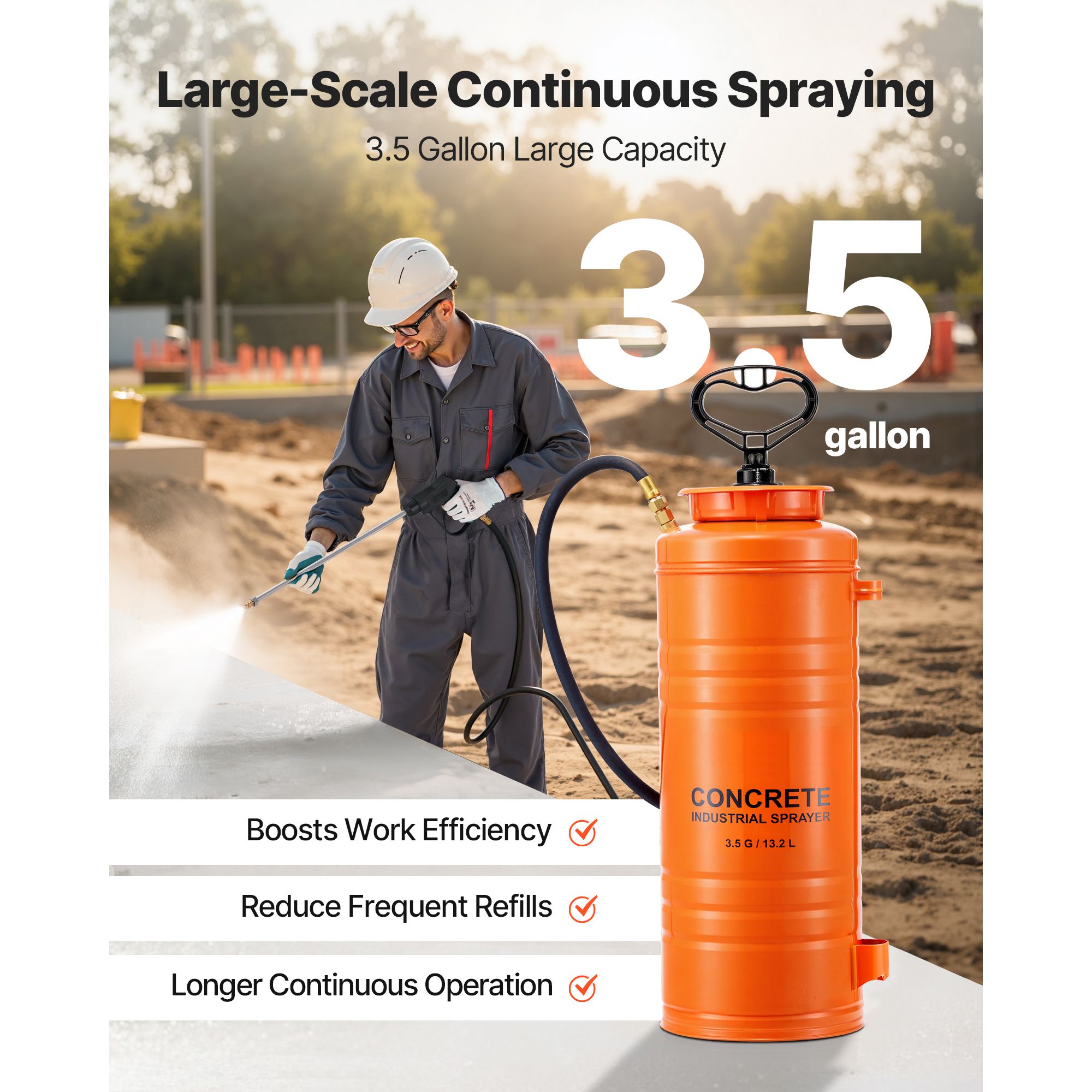 Industrial Concrete Sprayer, 14L Stainless Steel Sprayer, Heavy Duty Tri-Poxy Pump Sprayers, 52cm Wand with Ergonomic Gun Handle, 1.2m & 3m Hoses, 2 Brass โ image 4