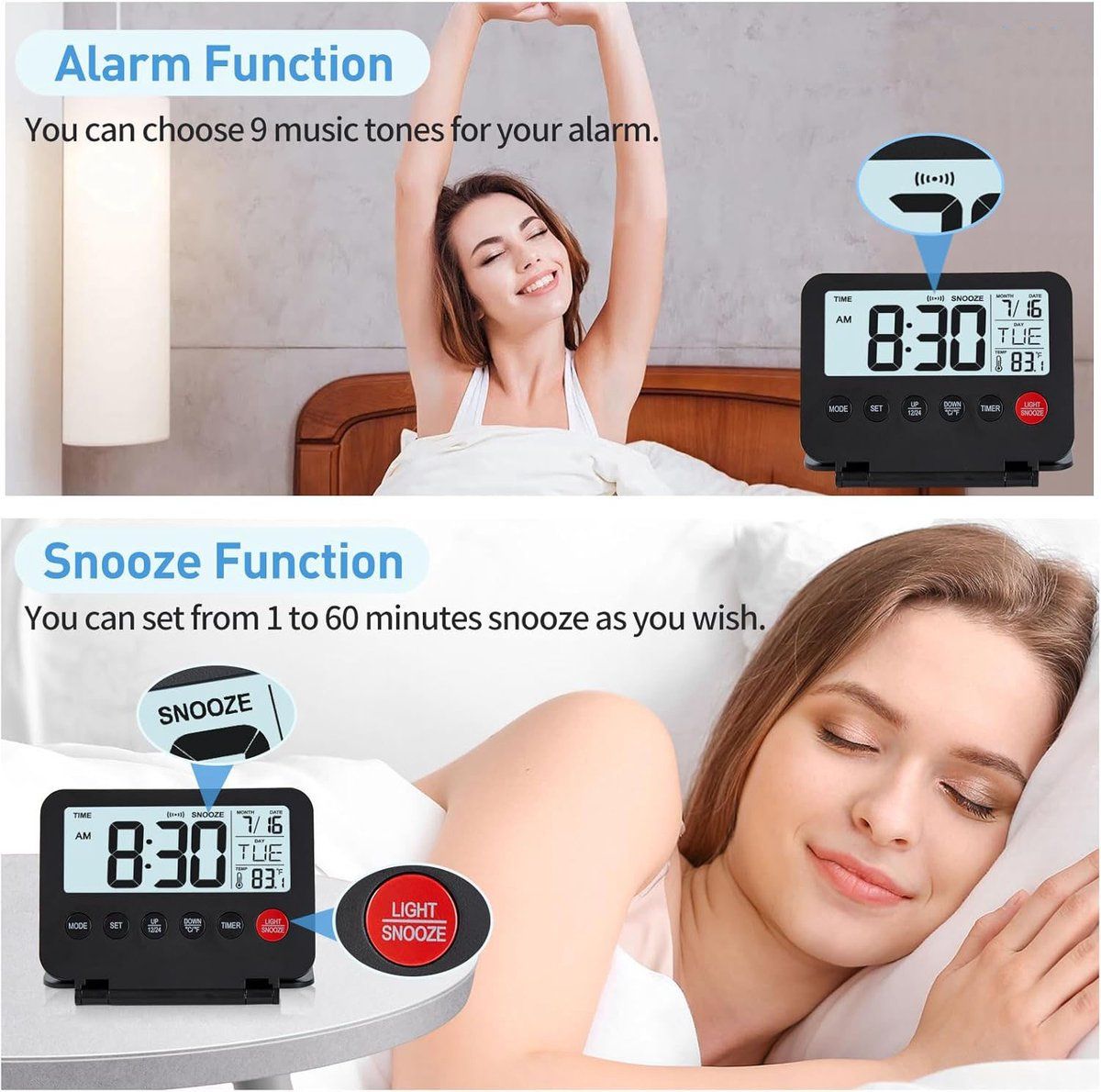 Clock Radio, Small Digital Travel Alarm Clock, Button on Front Displays Date and Temperature, for Home and Office Use Black โ image 2