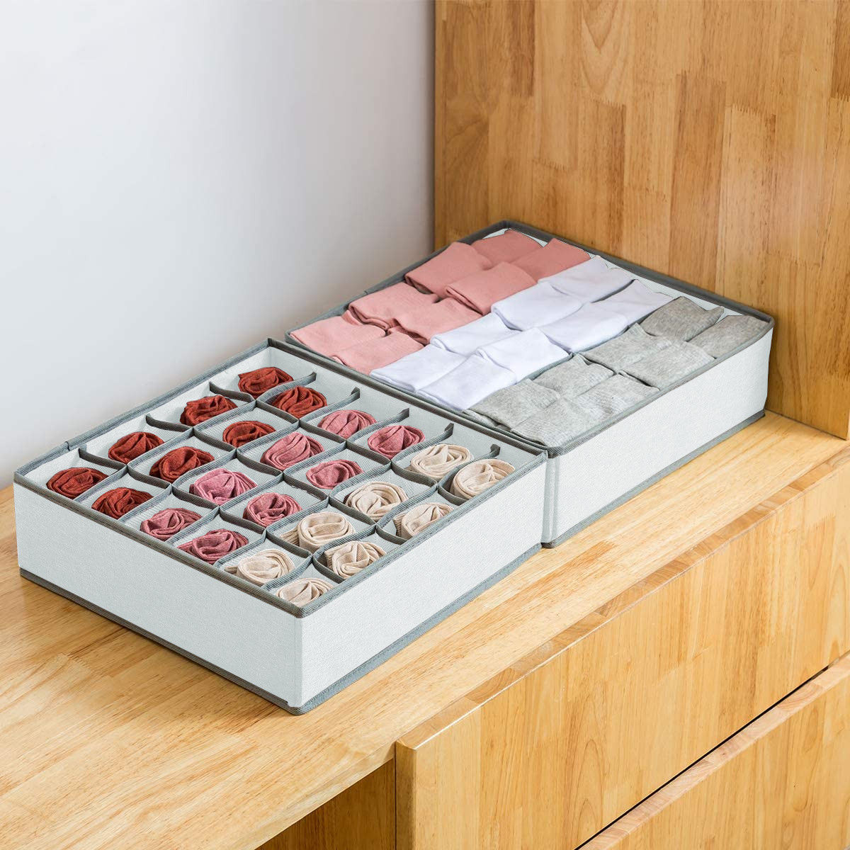 Set of 2 Fabric Drawer Organizer Divider Storage Boxes for Storing Socks, Underwear, Ties, Scarves (Grey) โ image 4