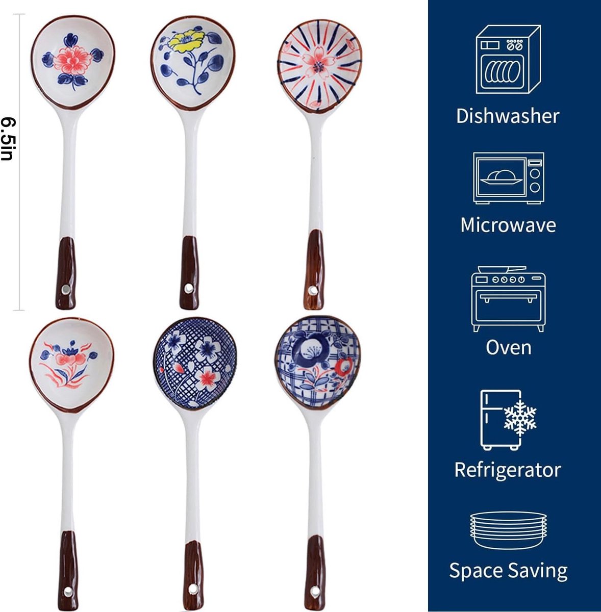 Set of ceramic soup spoons - 6 long-handled Japanese spoons - Easy-to-hold utensils for ramen, wonton, and miso soup - Elegant spoons for noodles and dumplings — image 2
