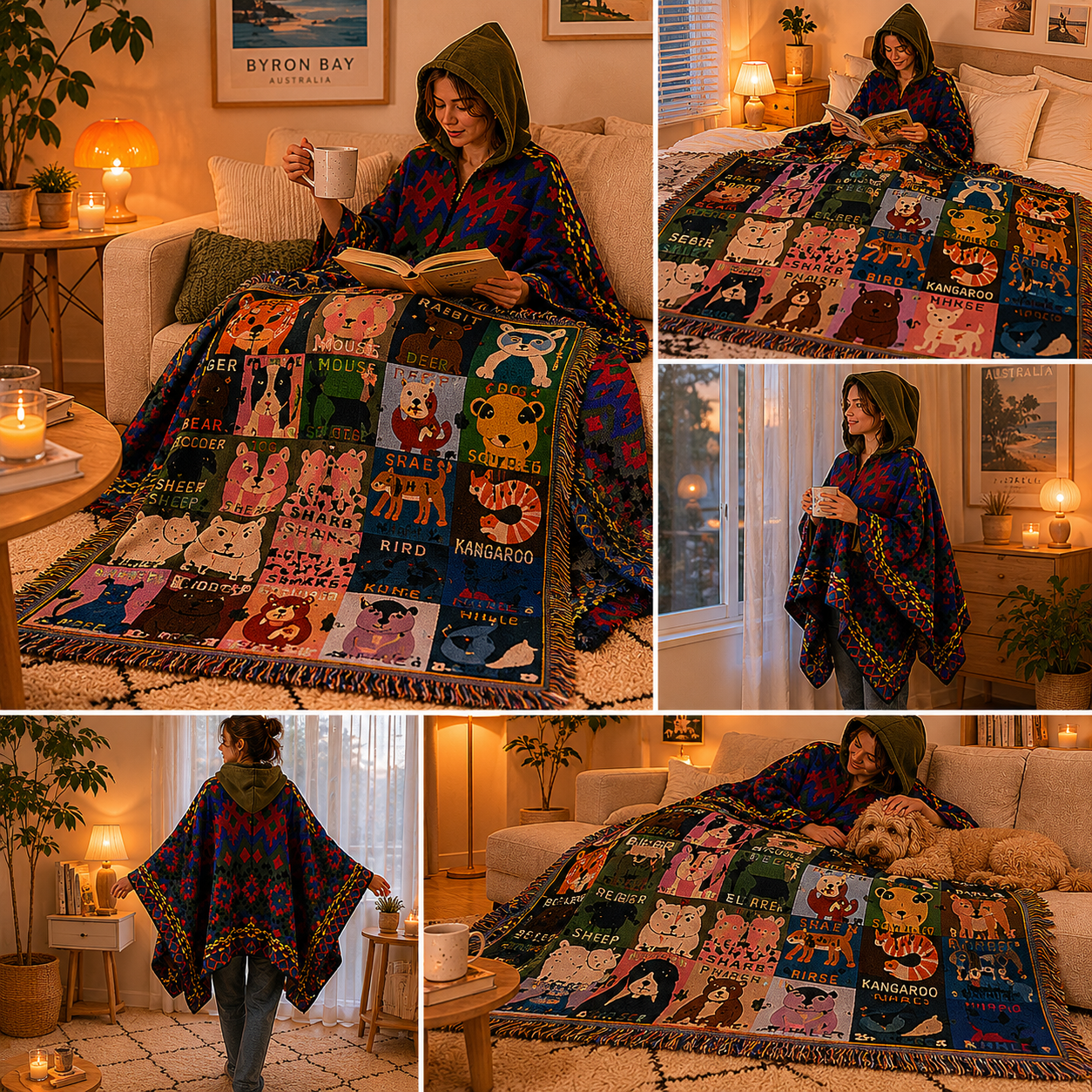 Blue-green Warm Hooded Poncho Shawl and Animal Pattern Throw Blanket Set for Sofa, Bed and Winter Lounging โ image 3