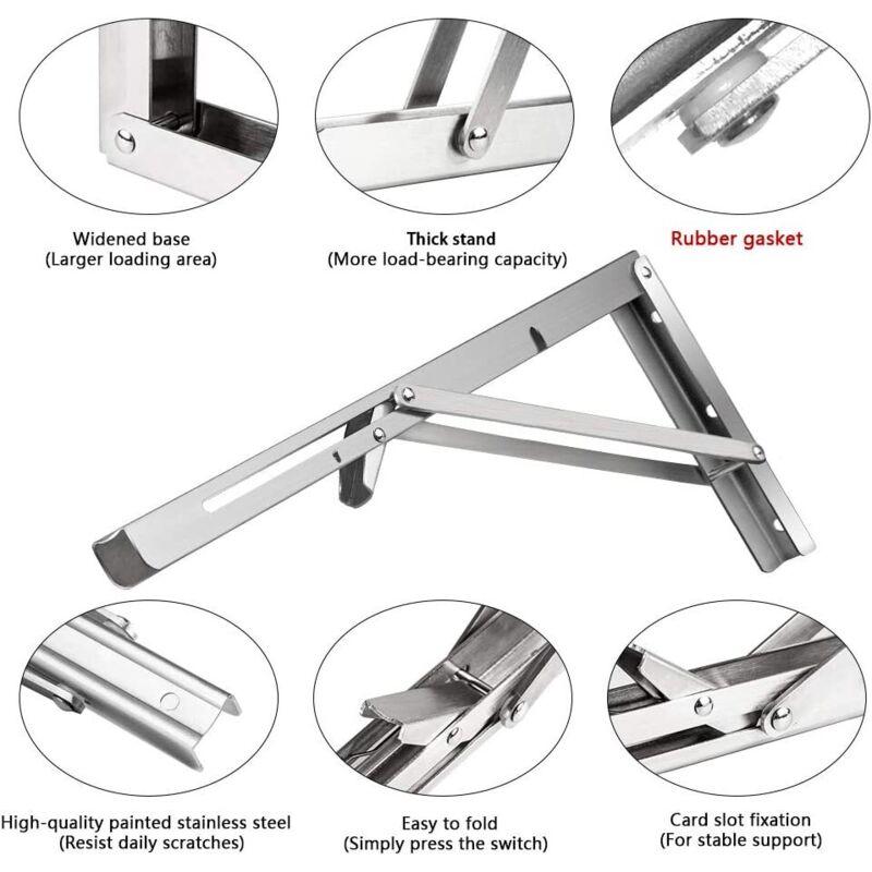 250Mm Folding Wall Shelf, 2 pcs Stainless Steel Folding Bracket, Garage Shelf Support Frame, Heavy Duty Bracket For โ image 4