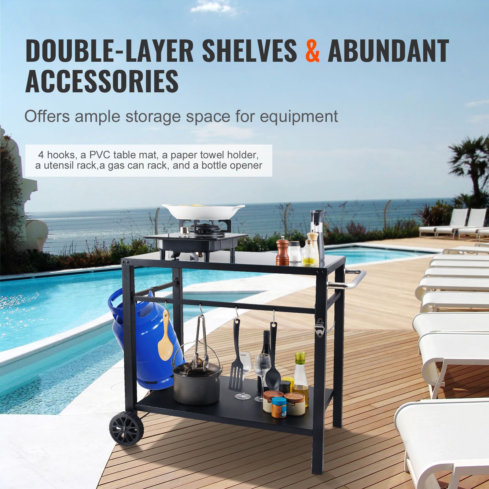 Outdoor Grill Dining Cart with Double-Shelf, 85*55cm BBQ Movable Food Prep Table, Multifunctional Iron Table Top, Portable Modular Carts for Pizza — image 4