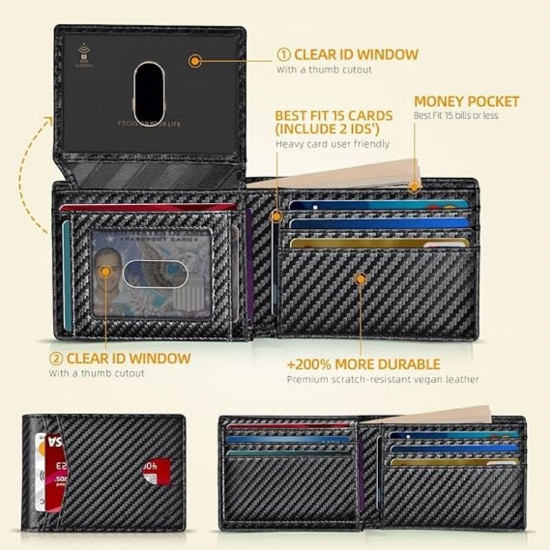 Black Men's Carbon Fiber Slim Trifold Wallet - RFID Blocking, Dual ID Windows & 15 Card Slots - Minimalist Gift for Business and Travel โ image 2