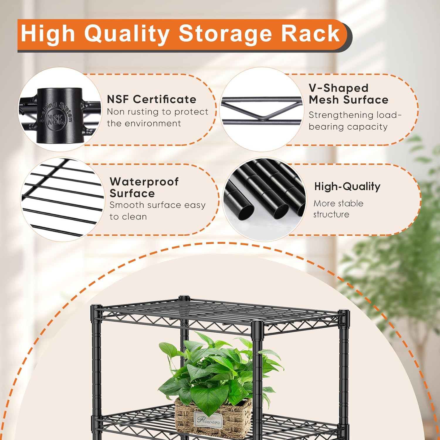 CARLA HOME 5-Tier Adjustable Metal Storage Shelves Wire Rack Organizer for Kitchen, Pantry, Bathroom or Laundry Room (60cm W x 40cm D x 176cm H) — image 6