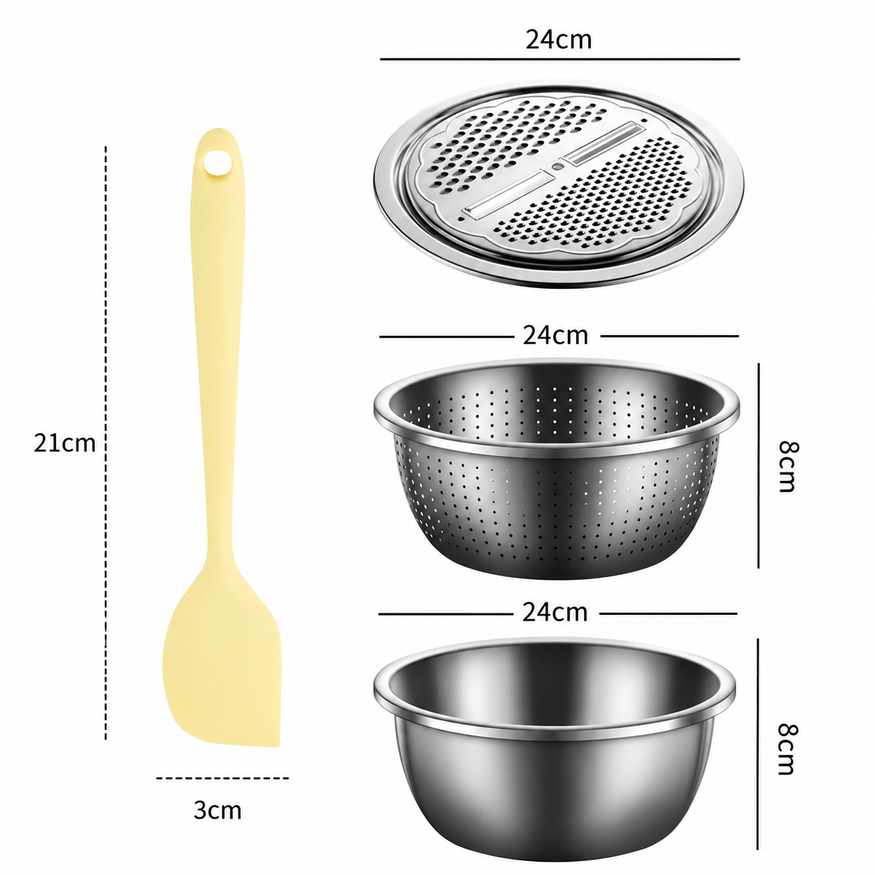 Home Salad Preparation Kit-Multifunctional Stainless Steel Vegetable Grater Bowl Set and Silicone Spatula - 28cm Kitchen Prep Tool for Slicing, Shredding