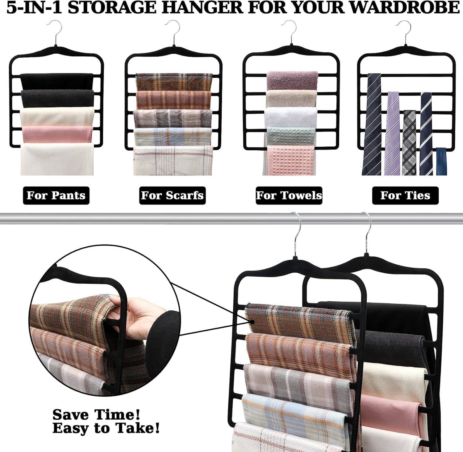 Closet Organizers and Storage,3 Pack Velvet Pants-Hangers-Space-Saving,Non Silp 5 Tier Scarf Jeans Organizer,Dorm Room Essentials for College Students Girls — image 3