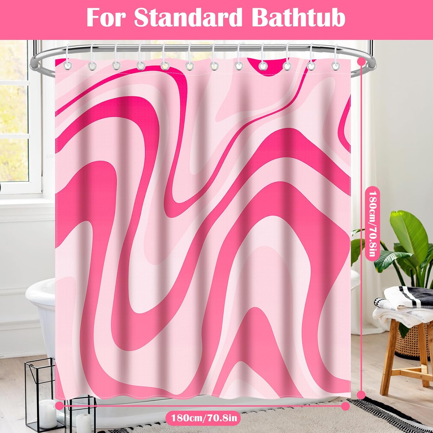Pink Shower Curtain for Bathroom Cute Wavy Swirl 70S Abstract Retro Vintage Preppy Aesthetic Fabric Waterproof Bathroom Shower Curtains Set with Hooks 72x72 โ image 6