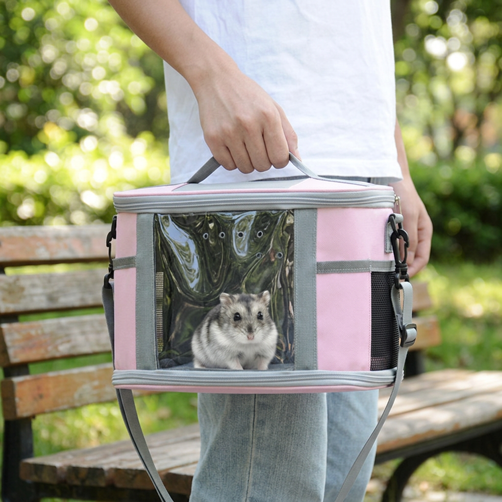 Large Small Animal Travel Bag (33*22.5*23cm) - Pink small nylon and plastic portable pet bag with shoulder strap and handle, suitable for parrots, hamsters โ image 3