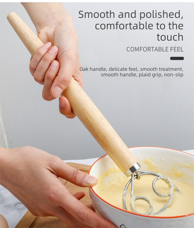 Triple Loop Danish Dough Whisk with Short Oak Handle - 9 Inch Compact Stainless Steel Mixer for Sourdough Starters, Eggs & Batter - Hand Held Flour — image 5