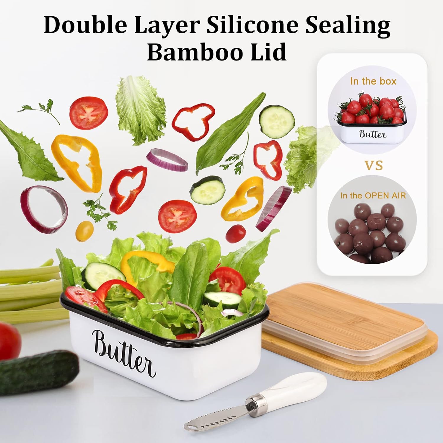 Butter Dish with Lid and Curler Knife - Unbreakable Stainless Steel Keeper Container Double Silicone Sealing, for Kitchen Farmhouse Decor White โ image 5