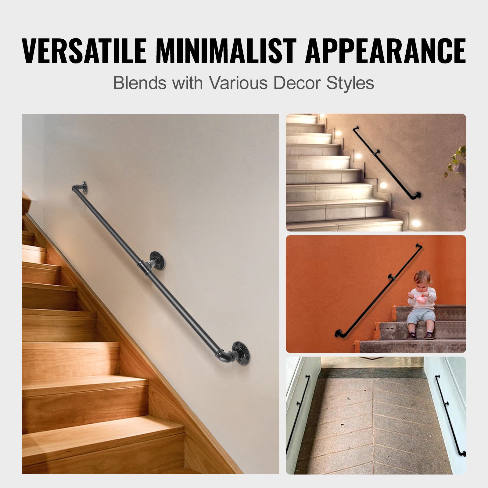 Pipe Stair Handrail, 7FT Staircase Handrail, 440LBS Load Capacity Carbon Steel Pipe Handrail, Industrial Pipe Handrail with Wall Mount Support, Round โ image 6