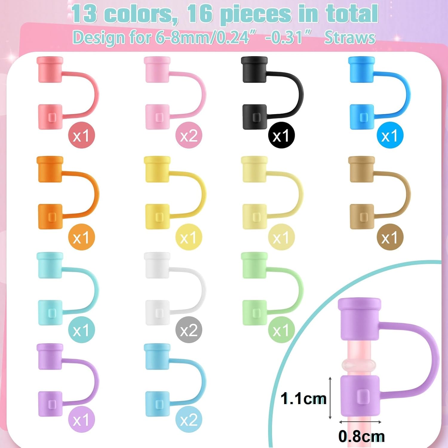 Straw Covers Cap Compatible with Tumbler, 16Pcs Silicone 8mm Straw Cover Caps Toppers Tips Reusable Dust-Proof Colorful Plugs Protector Drinking Accessories โ image 2