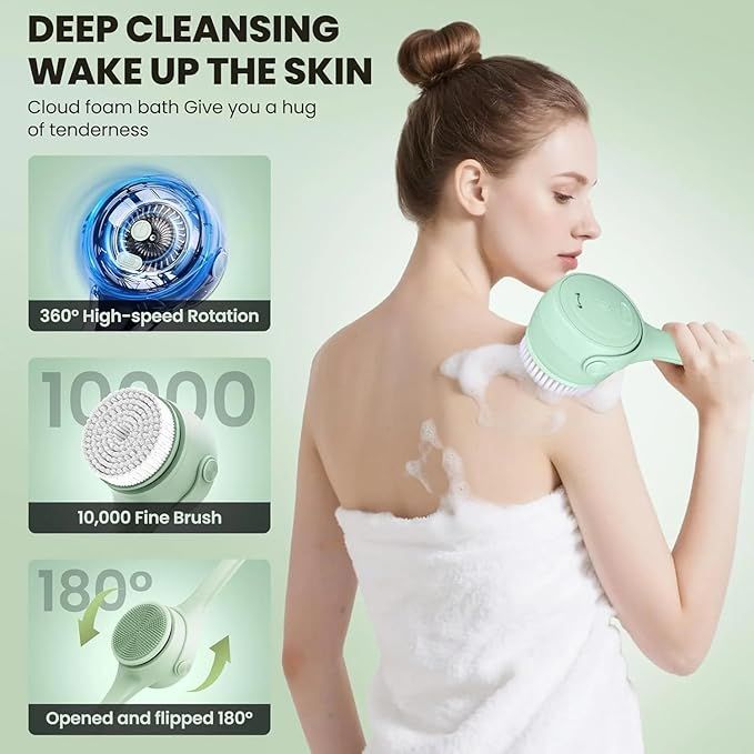 Electric Shower Body Scrubber Brush with 4 Heads, IPX5 Waterproof Rechargeable Back Cleaner for Exfoliating & Massage, 2-Speed Rotating Bath Brush for — image 2