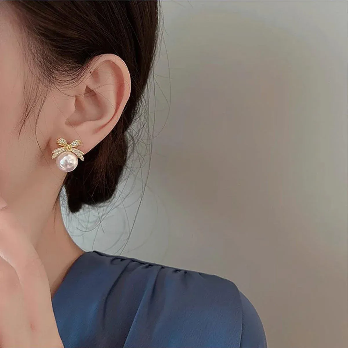Vintage Ribbon Pearl Earrings Elegant Jewelry for Women Fashion Accessories Gift - White — image 5