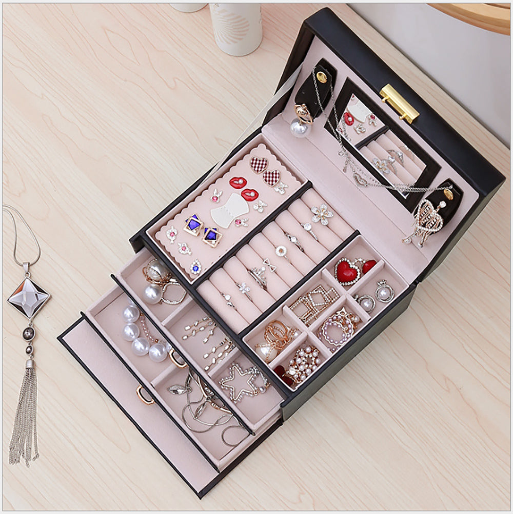 Jewellery Box With Mirror Double Drawers Organizer Storage Lock Case(Black) โ image 3