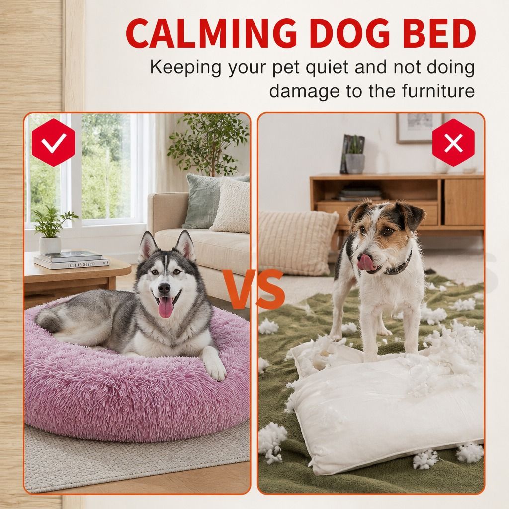 Dog Cat Pet Calming Bed Warm Soft Plush Round Nest Comfy Sleeping Cave MEL 120cm — image 3