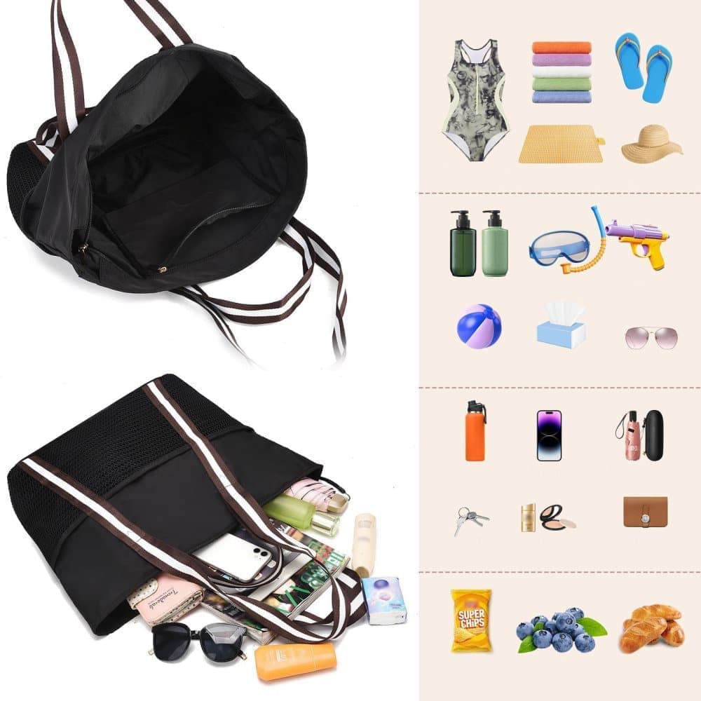 Waterproof Beach Bag for Women with Zipper, Sand-Resistant Design, Shoulder Strap, Perfect for Beach and Travel, Black — image 6