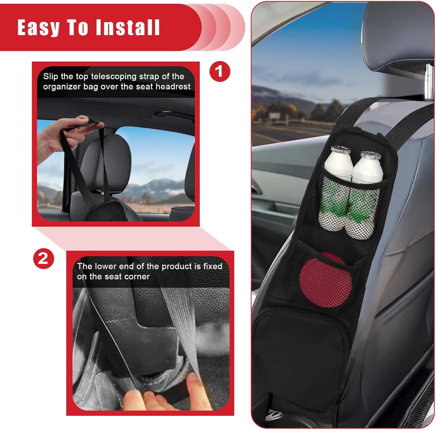2PCS Car Seat Storage Hanging Bag, Multi-Pocket Seat Side Organizer, Multifunctional Mesh Net Pocket, Can Hold Mobile Phone, Wallet, Glasses, Suitable for โ image 5