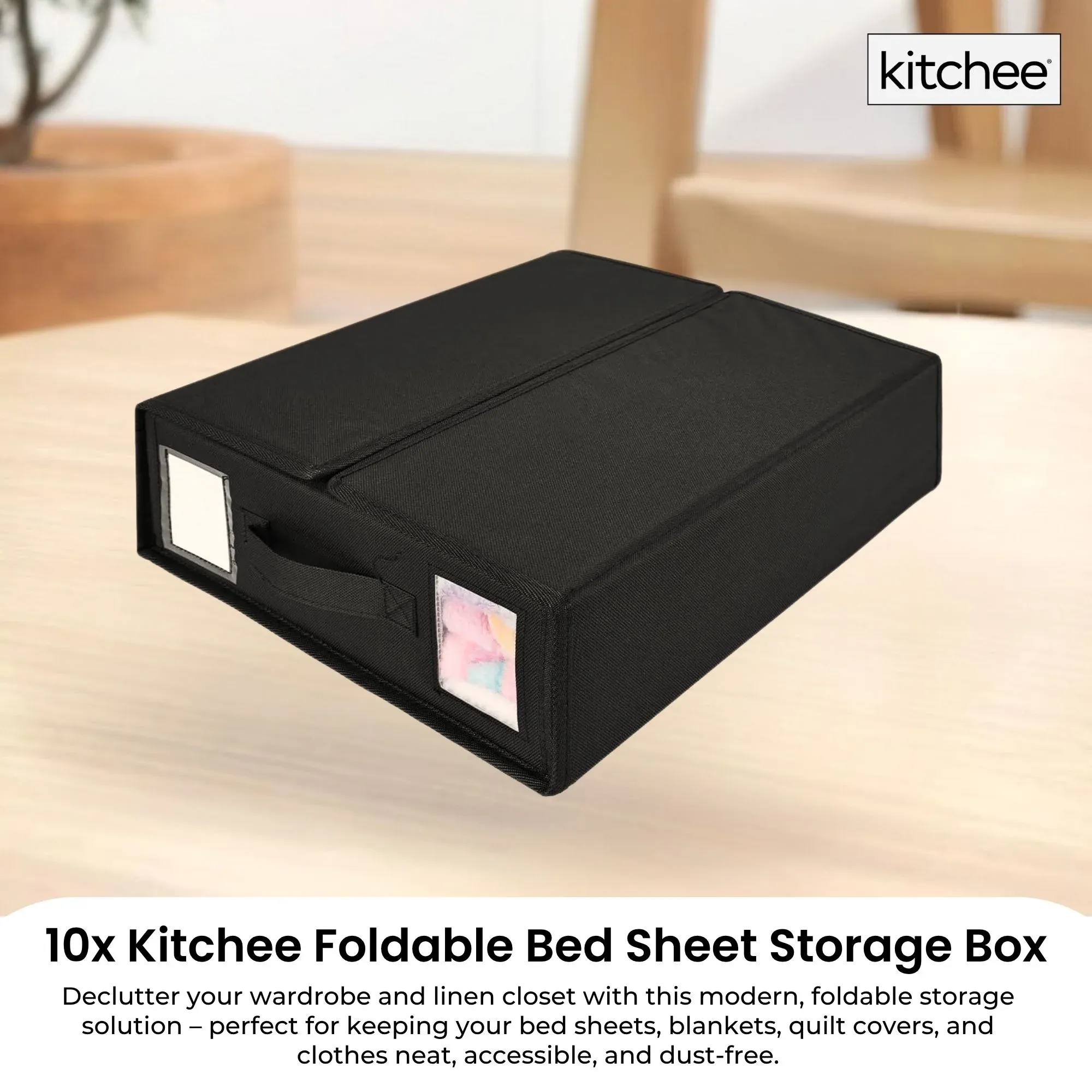 Kitchee 10x Foldable Bed Sheet Storage Box - Linen + Closet Organiser Black — image 2