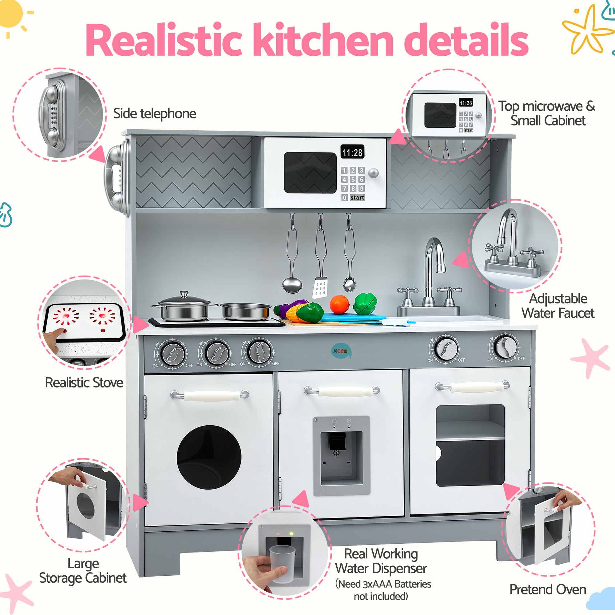 Keezi Wooden Play Kitchen Pretend Kitchen 82cm Kids Toy Food Set Grey โ image 4