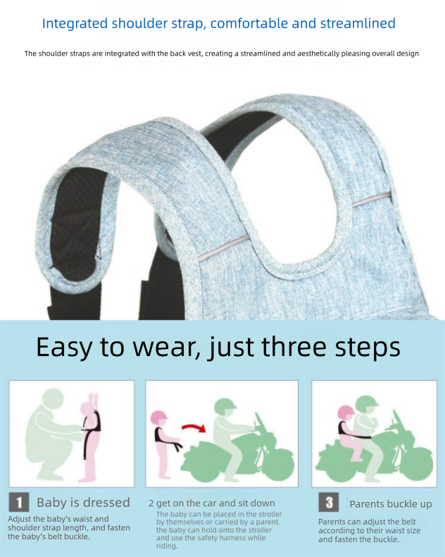 Children Motorcycle Safety Harness for Electric Bike Adjustable Kids Security Strap with Storage Bag Dark Blue Anti-Fall Protection Gear Front and Rear Use — image 6