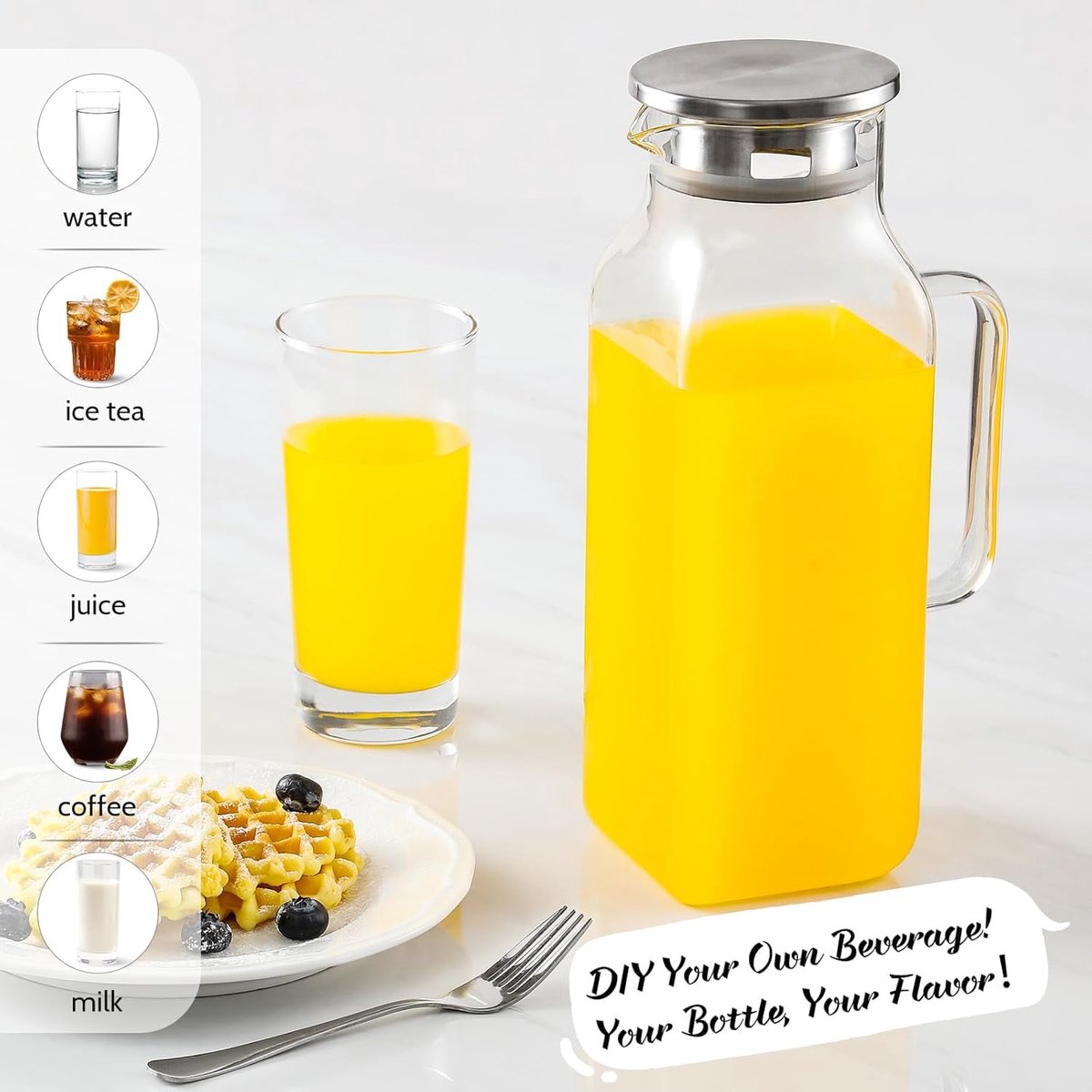 Square glass water jug - with lid and handle - refrigerator safe - suitable for hot and cold drinks - large capacity for home and restaurant use - suitable for — image 3