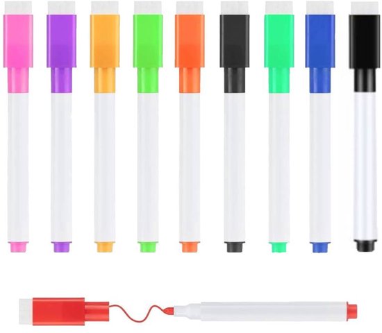 Whiteboard markers - 10 pieces - Whiteboard markers - With magnetic eraser - Colored markers - Erasable markers with eraser - Suitable for schools, offices and