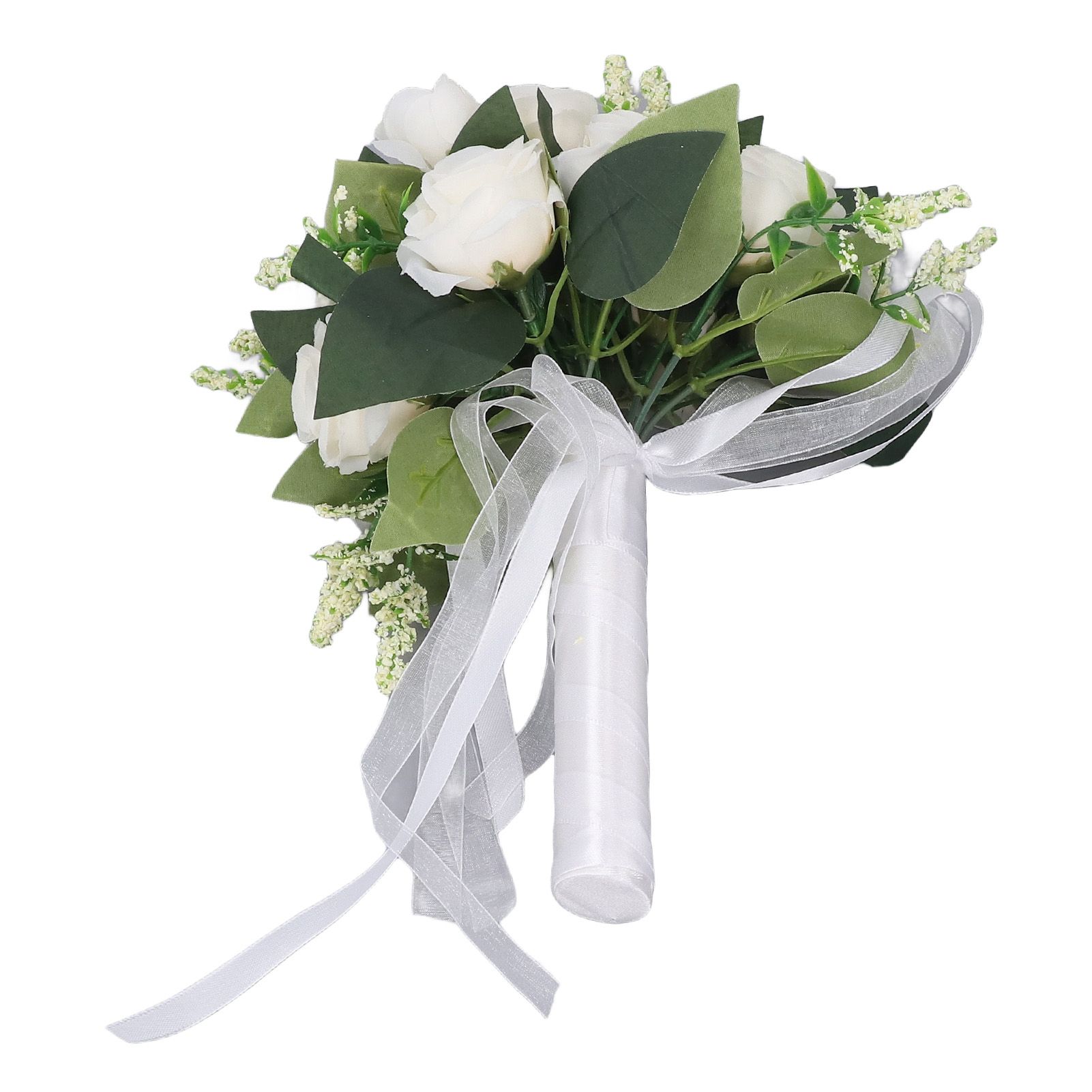 Wedding Bouquet Simulation Artificial Rose Lifelike Green Leaves Modern Elegant Rose for Wedding Church Home Decor Milky White — image 4