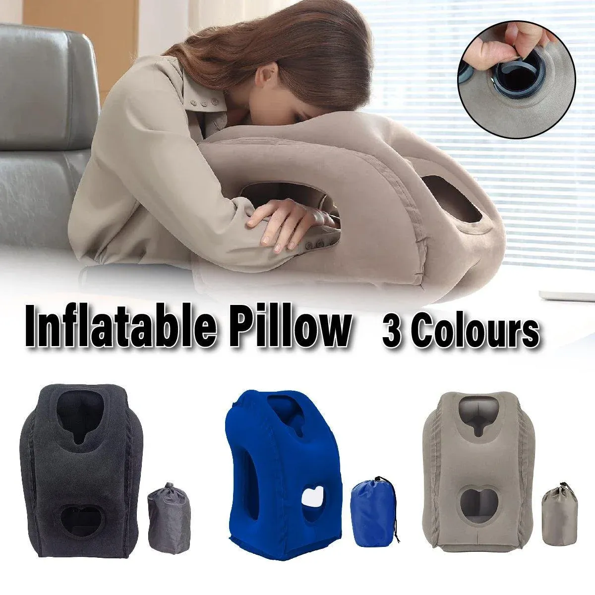 Inflatable Air Cushion Travel Pillow for Airplane Office Nap Rest Neck Head Chin - Black โ image 2