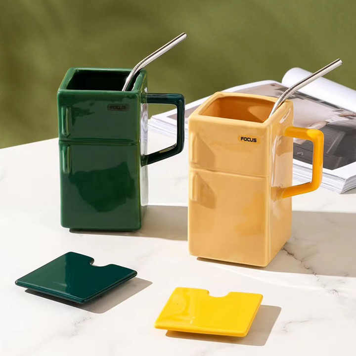Yellow Creative Retro Refrigerator Ceramic Mug with Lid and Straw - 550ml Coffee Cup - Unique Gift for Couples or Office Use โ image 3