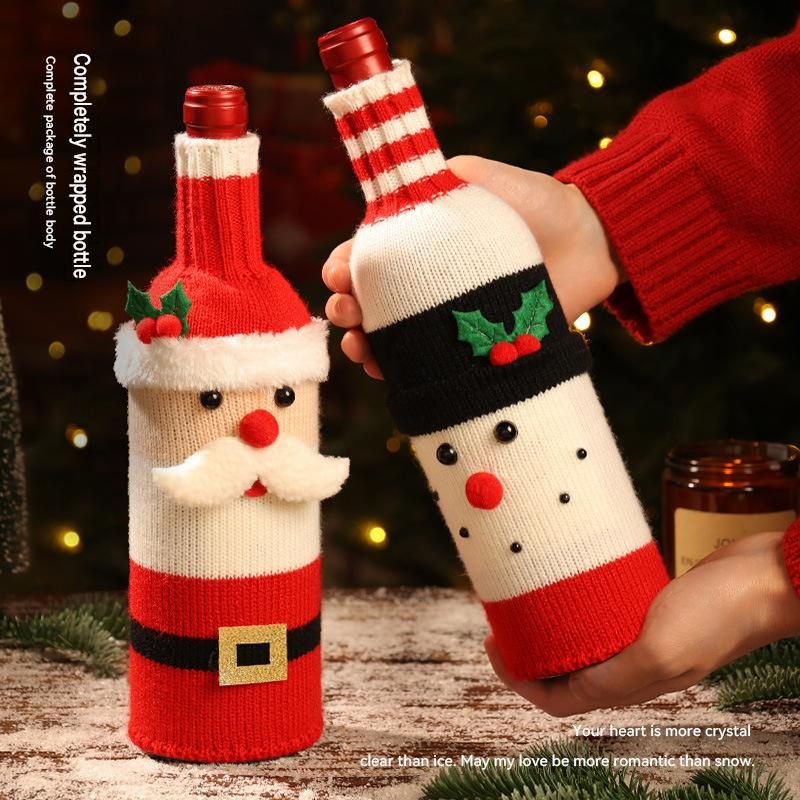 Santa Claus Style Knitted Christmas Wine Bottle Cover - Festive Table Decor for Holiday Parties and Home Dining — image 3