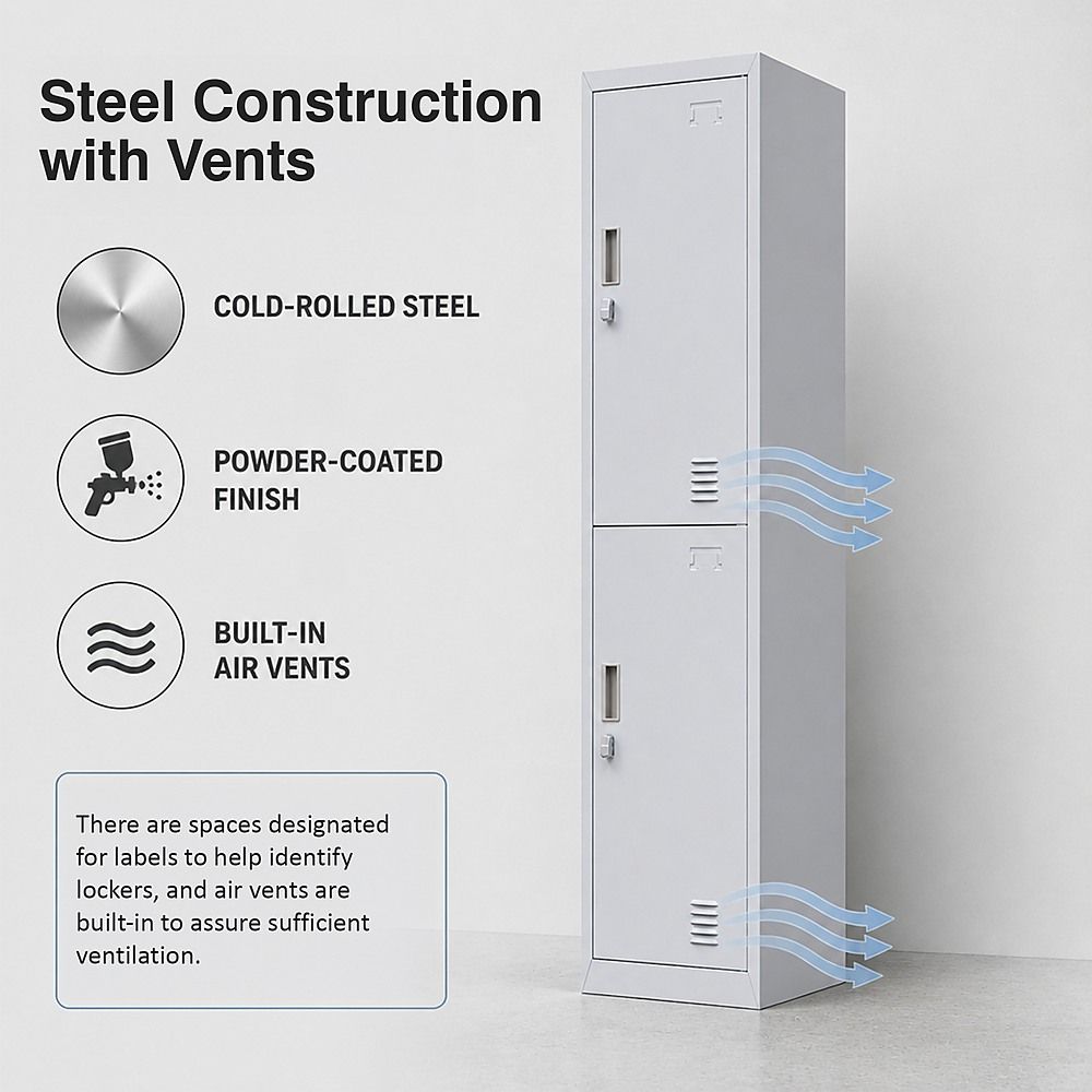 2-Door Vertical Locker for Office Gym Shed School Home Storage — image 7