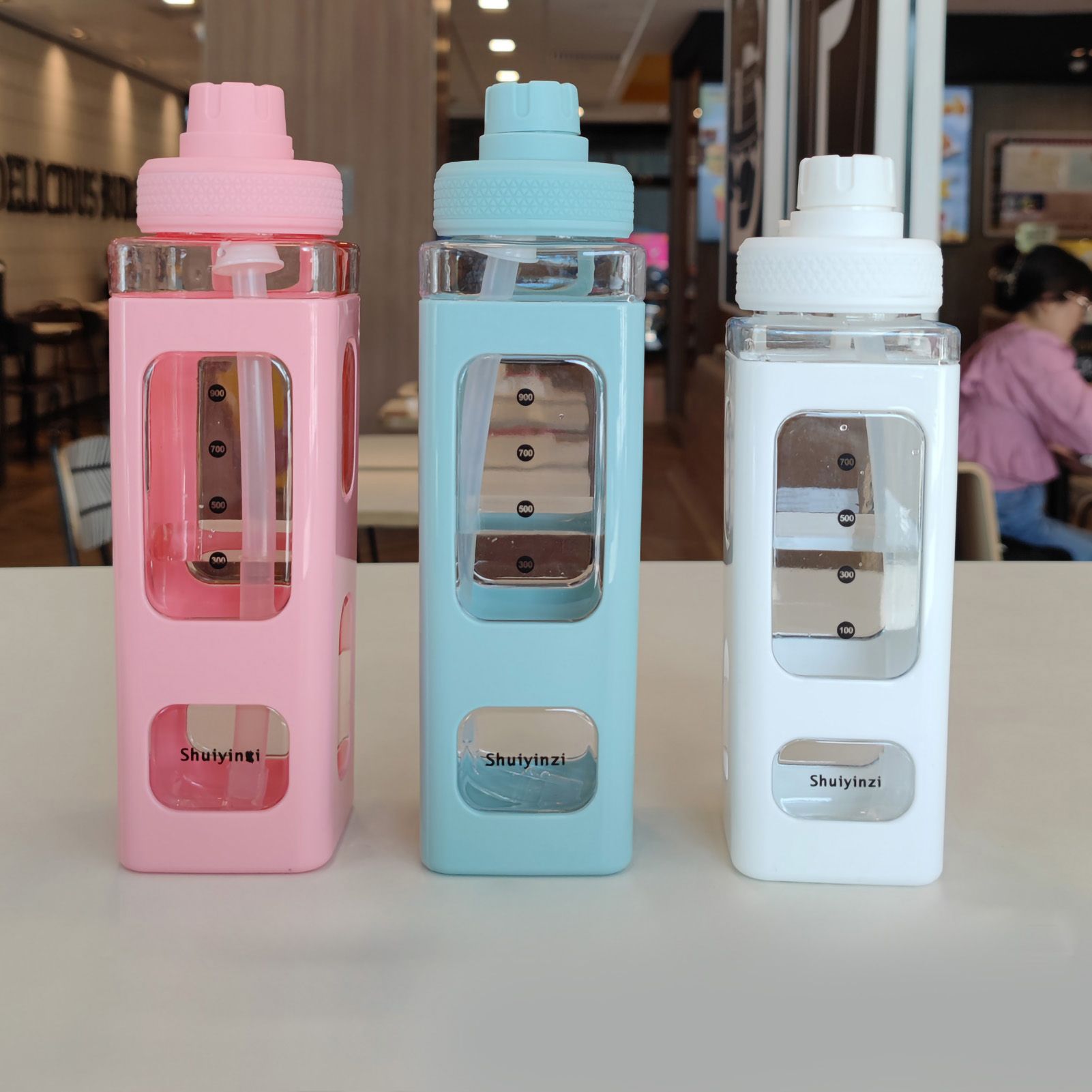 Straw Water Bottle with Marker 700ml Large Capacity Double Layer Water Jug for Home Gym School Pink — image 2