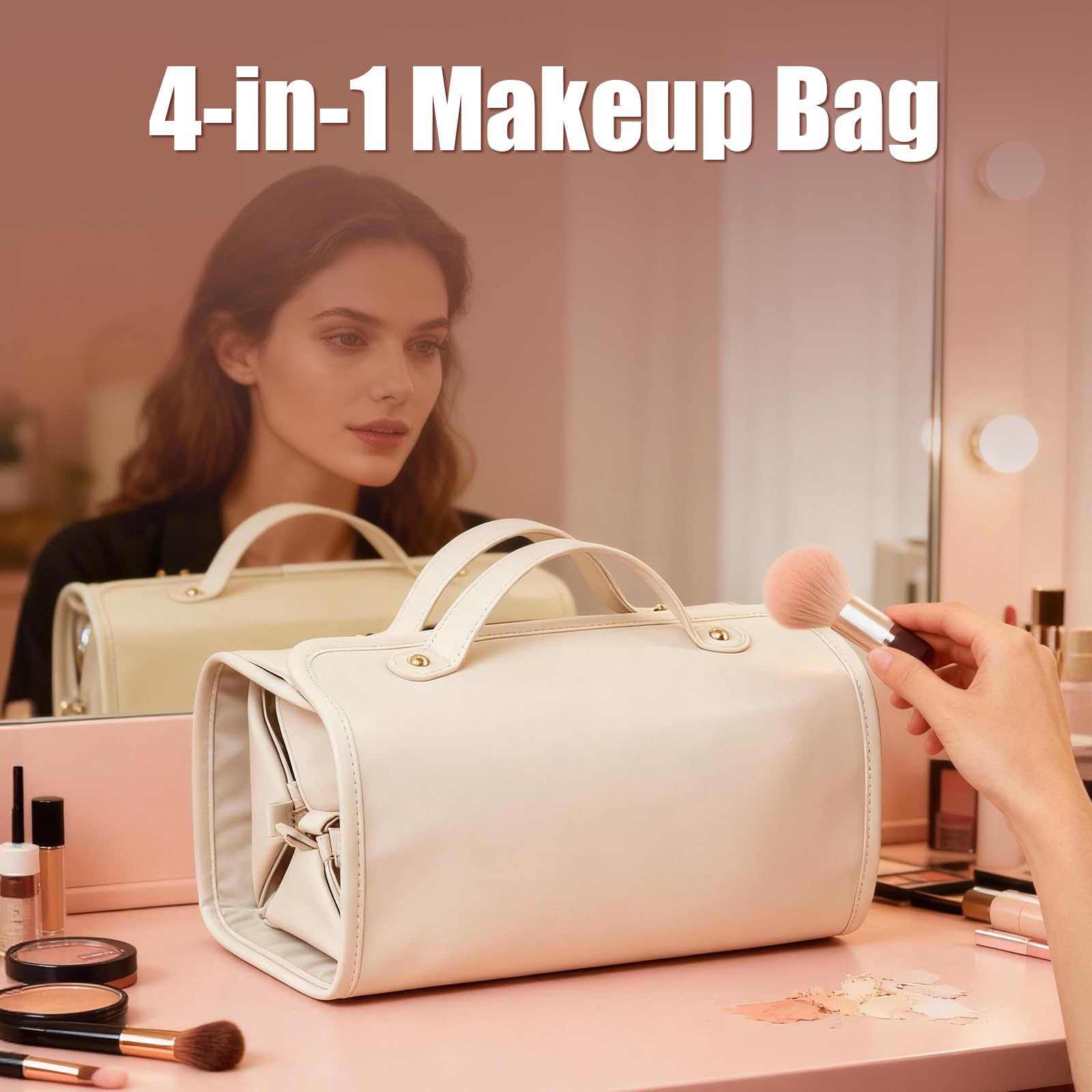 4-in-1 Expandable Makeup Bag with Removable Pockets – Waterproof Travel Cosmetic Organizer for Women, Large Capacity Vanity Case with Hanging Design (White) — image 6